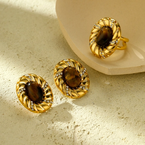 Vintage Roestvrij Staal Tijgeroog Oorbellen Ring Set Ovaal Goud Verguld Strass Sieraden Voor Vrouwen Mode Sieraden