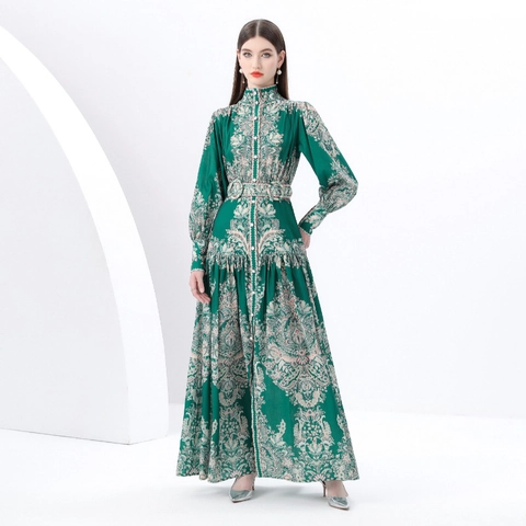 Vintage Paisley Print Maxi Dress Long Sleeve Stand Collar Lantern Sleeve Elegant Polyester Belted Dress