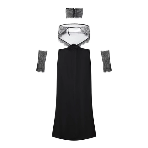 Abito Lungo Elegante Da Donna Patchwork In Pizzo Vestibilità Aderente Schiena Scoperta Con Girocollo E Maniche In Pizzo Sera Nero