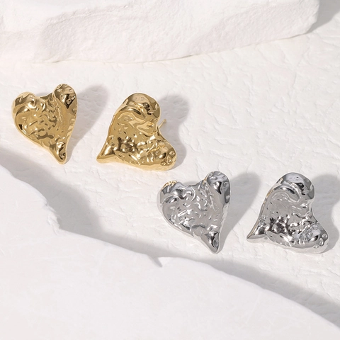 Hammered Heart Stud Earrings Stainless Steel 18K Gold Plated Textured Chic Jewelry For Women