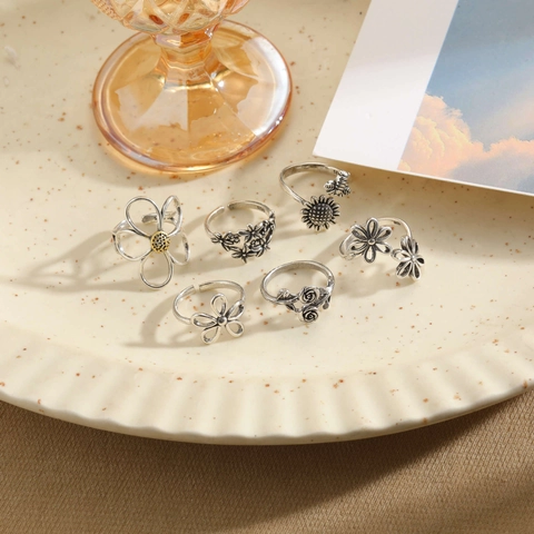 Anello Aperto Regolabile In Rame Placcato Argento Antico Vintage Design Girasole Rosa Ape Fiore Gioielli Retrò Donne