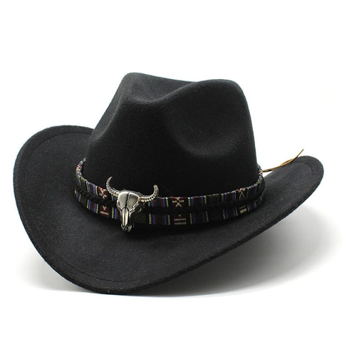 Western Cowboy Hat Ethnic Style Wide Brim Felt Jazz Fedora With Bull Skull Turquoise Decoration Retro Bohemian