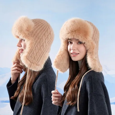 Cappello Trapper Invernale Maglia Foderato In Pelliccia Sintetica Caldo Paraorecchie Antivento Trecce Esterno Donne