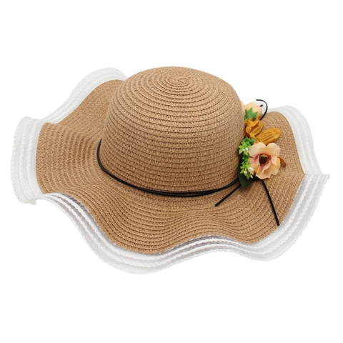 Women Straw Sun Hat Woven Wide Wavy Brim Flower Decor Mesh Lace Summer Beach Vacation Pastoral Breathable