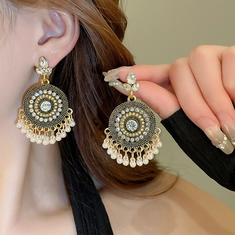 Orecchini Pendenti Mandala Tondi Bohemian Vintage Con Strass In Lega Perla Artificial Finta E Perno Per Orecchini In Argento