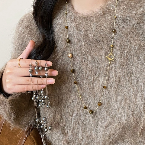 Collier Sautoir Künstliche Perles Œil De Tigre Rétro Chaîne Pull Alliage Bijoux Station Longue Pour Femmes Style Français Luxe Léger