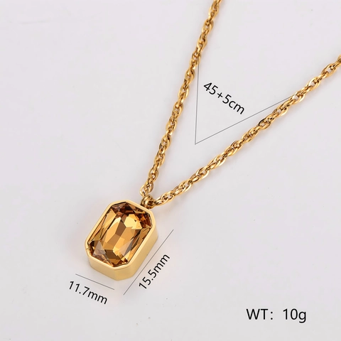 Square Sugar Pendant Necklace 304 Stainless Steel 18K Gold Plated Amber Champagne Gemstone French Minimalist Jewelry For Women