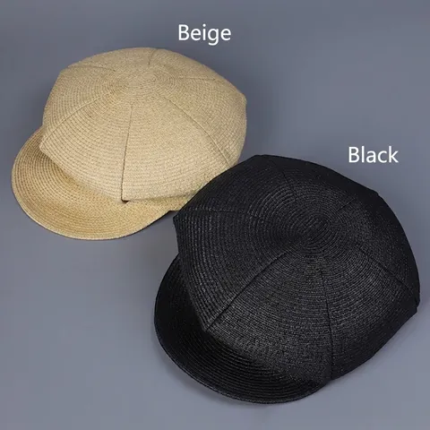 Women Straw Braided Newsboy Cap Breathable Foldable Summer Sun Protection Octagonal Hat Vintage Style