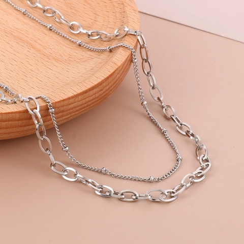 Collier Double Couche En Acier Inoxydable Femmes Collier Maillons Trombone Et Chaîne À Billes Bijoux Tendance