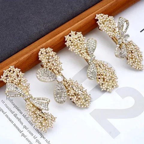 Elegant Faux Artificial Pearl Rhinestone Hair Clip Zinc Alloy Spring Bowknot Flower Design Vintage Hairpin Accessories For Women Girls