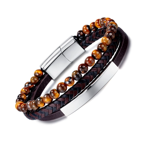 Bracciale in Pelle Intrecciata Multistrato da Uomo Vintage con Perline in Pietra Occhio di Tigre e Chiusura Magnetica Gioielli