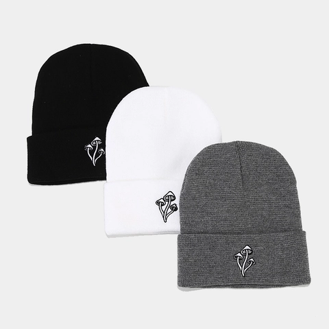 Berretto in Maglia con Ricamo a Fungo per Uomo Donna Invernale Caldo Acrilico Morbido Cappello di Lana con Risvolto Moda Casual