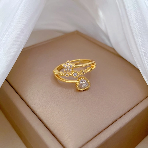 Heart Star Adjustable Ring Gold Plated Brass Cubic Zirconia Minimalist Jewelry Women