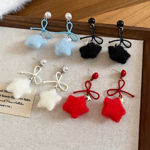 Star Bowknot Stud Earrings With Plush Flocking Star Imitation Artificial Pearl And 925 Sterling Silver Earring Post For Women