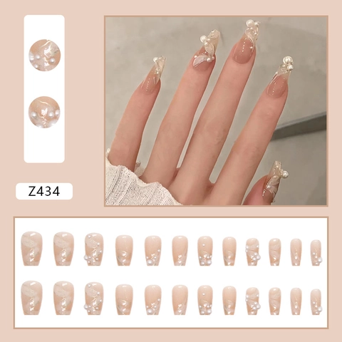 Press On Nails 3D Artificial Pearl White Embossed Flower Nude Pink Gradient Glossy French Elegant Artificial Fingernails For Women