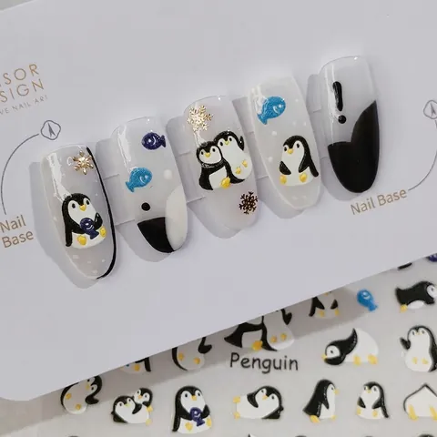Autocollants Art Des Ongles Pingouin 3D Relief Auto Adhésif Dessin Animé Poisson Flocon De Neige Kawaii Décor Manucure