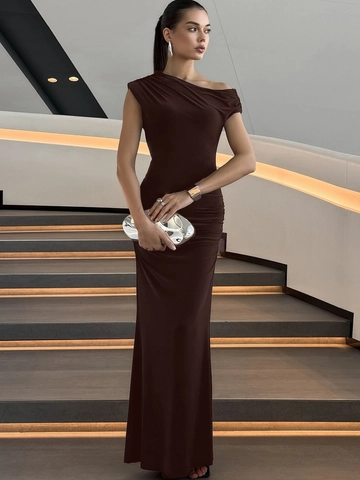 Robe Maxi Une Epaule Col Asymetrique Fronce Polyester Spandex Elegante Sexy Marron Moulante Robe De Soiree