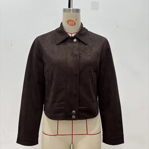 Chaqueta Corta De Ante Para Mujer Manga Larga Cuello Vuelto Cremallera Color Sólido Café Marrón Vintage Casual Abrigo
