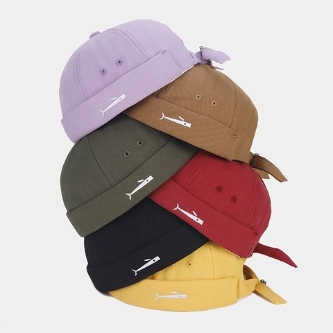 Docker Hat Brimless Cap 100% Cotton Canvas Fish Embroidery Adjustable Metal Buckle Retro Streetwear For Men Women