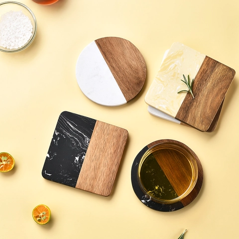 Marble And Wood Coasters Splicing Natural Acacia Wood Heat Insulated Mats For Coffee Tea Drinks Square Round Modern