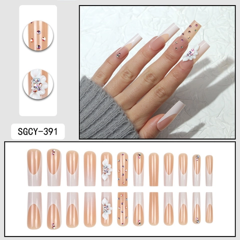 Unghie Finte Press On French Tip Lunghe Forma Bara Con Fiori Bianchi 3D Strass Sfumatura Nude Bianco Unghie Artificiali