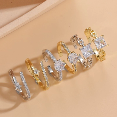 Geometric Cubic Zirconia Copper Open Rings 14K Gold Plated Adjustable Finger Band Luxury Fashion Jewelry For Women