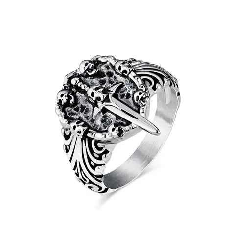 Gothic Skull Sword Shield Ring Stainless Steel Men Vintage Punk Dark Biker Jewelry Accessories