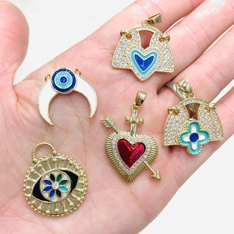 Ciondolo Cuore Occhio Del Diavolo Rame Placcato Oro 18K Zircone Smalto Accessorio Per Gioielli Moda Trendy Donna