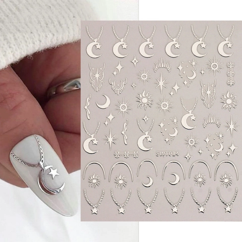 Autocollants Ongles Ailes Ange Étoile Lune Or Argent Noir Texture Métallique Auto Adhésif Décoration Manucure DIY