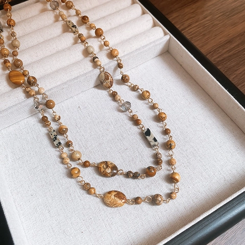 Double Layer Long Necklace With Copper Glass Beads And Picture Stone Bohemian Retro Sweater Chain For Women