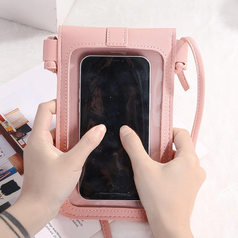 Crossbody Phone Bag PU Leather With Touch Screen Window Metal Lock Adjustable Shoulder Strap Casual Elegant Pouch Women