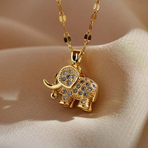 Elephant Pendant Necklace Gold Plated Stainless Steel Full Zirconia Dainty Clavicle Chain Jewelry For Women Gift