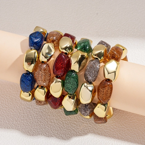 Pulsera De Cuentas Bohemia Mujer Resina Brillante Irregular Y Aleación Dorada Pulsera Elástica Joyería Vintage