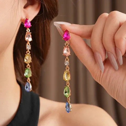 Bunte Wassertropfen Lange Quasten Ohrringe Legierung Strass Schmuck Mit Silbernen Ohrsteckern Für Damen Elegant