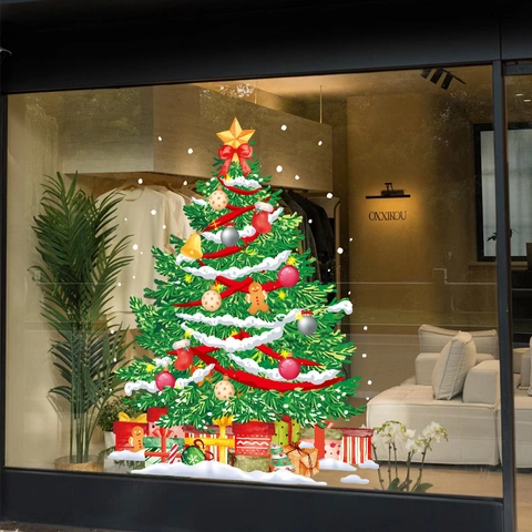 Christmas Tree Window Static Stickers PVC Double Sided Color No Glue Cling Glass Shop Window Decoration Reusable Festive