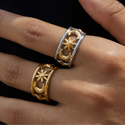 Stainless Steel Double Layer Sun Moon Star Hollow Ring 18K Gold Plated Adjustable Open Celestial Jewelry For Women