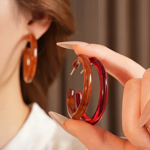 Harz C-Form Creolen Retro Maillard Stil Einfach Für Frauen Mit 925 Sterling Silber Ohrstecker