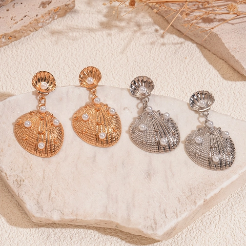 Boucles D'oreilles Pendantes En Forme De Coquillage Avec Imitation Künstliche Perle Et Tige En Argent 925 Style Vacances À La Mer