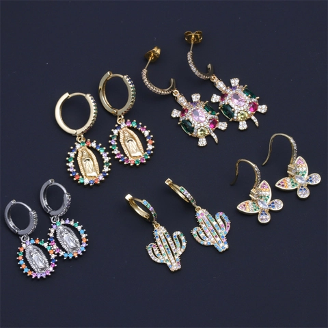 Colorful Cubic Zirconia Copper Earrings Butterfly Turtle Cactus Virgin Mary Dangle Hoop Jewelry For Women Ins Style Rainbow