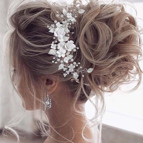 Vite Per Capelli Da Sposa Fatta A Mano Fiore In Argilla Perla Artificial Strass Foglia Di Lega Copricapo Da Sposa Per Spose
