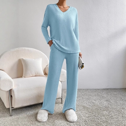 Women Ribbed Knit Loungewear Top And Bottom Casual V-Neck Long Sleeve Shirt Wide Leg Pants Soft Polyester Autumn Leisure Pajamas Set