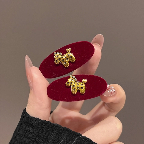 Fermaglio Per Capelli In Flock Rosso Con Barboncino In Metallo Dorato E Strass Accessorio Retrò Per Donne