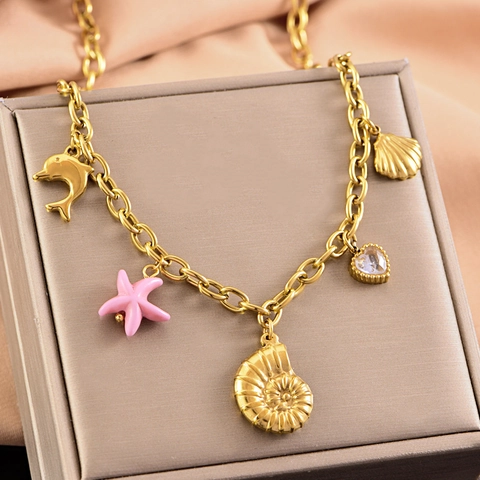 Collana Oceano in Acciaio Inossidabile Strass Perla Artificiale Conchiglia Delfino Stella Marina per Donna Gioielli