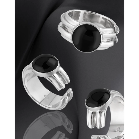 S925 Sterling Silver Black Agate Geometric Round Open Ring Retro Neutral Style Adjustable Finger Ring Jewelry For Women Men
