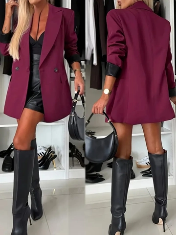 Dames Blazer Wijnrood Double Breasted Polyester Elegant Revers Lange Mouwen Halflange Losse Jas Met Contrastmanchetten