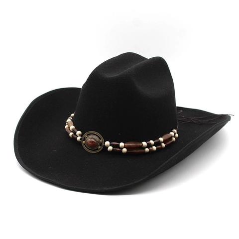 Western Cowboy Fedora Hat Wool Felt Large Brim Ethnic Beaded Belt Retro Outdoor Sunshade Men Women