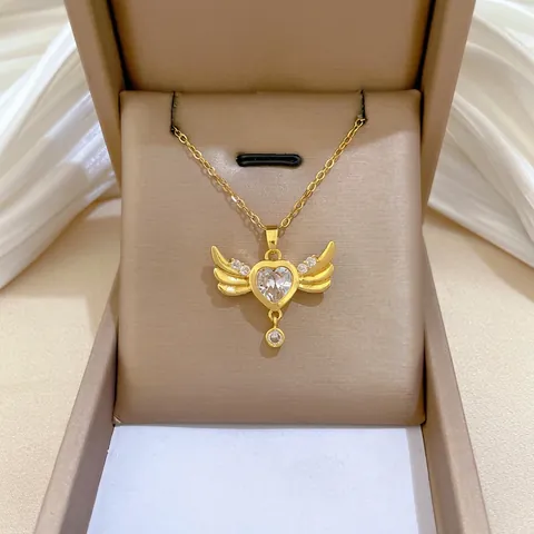 Angel Wing Heart Pendant Necklace Stainless Steel Chain Copper Zircon Sweet Elegant Gold Plated Jewelry For Women