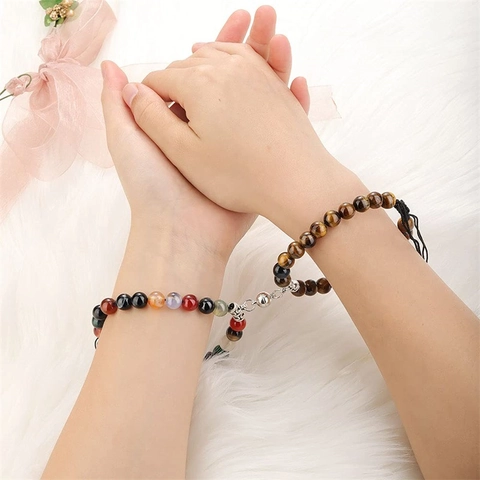 Bracelets Magnétiques Couple Pierre Agate Oeil De Tigre Mate Lave Turquoise Quartz Rose Coeur Ajustable