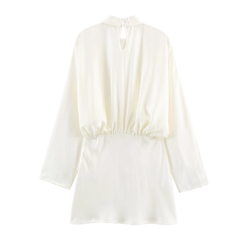 Abito Mini Elegante Da Donna In Raso A Maniche Lunghe Tinta Unita Vita Alta Scollo Con Sciarpa Festa Moda