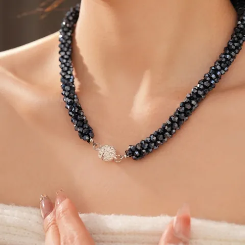 Collana Choker Perline Di Vetro Intrecciate Con Chiusura Magnetica In Lega Strass Elegante Moda Per Donne